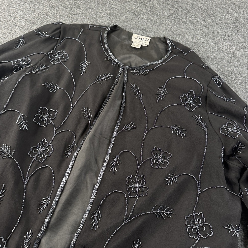 JMD New York Jacket Black Blue Floral Beaded Formal 90's Hook Close Sz 1X